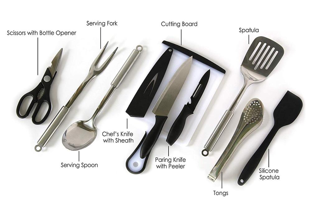 9-teiliges Camping-Küchenutensilien-Organizer-Set | Kochgeschirr aus Edelstahl