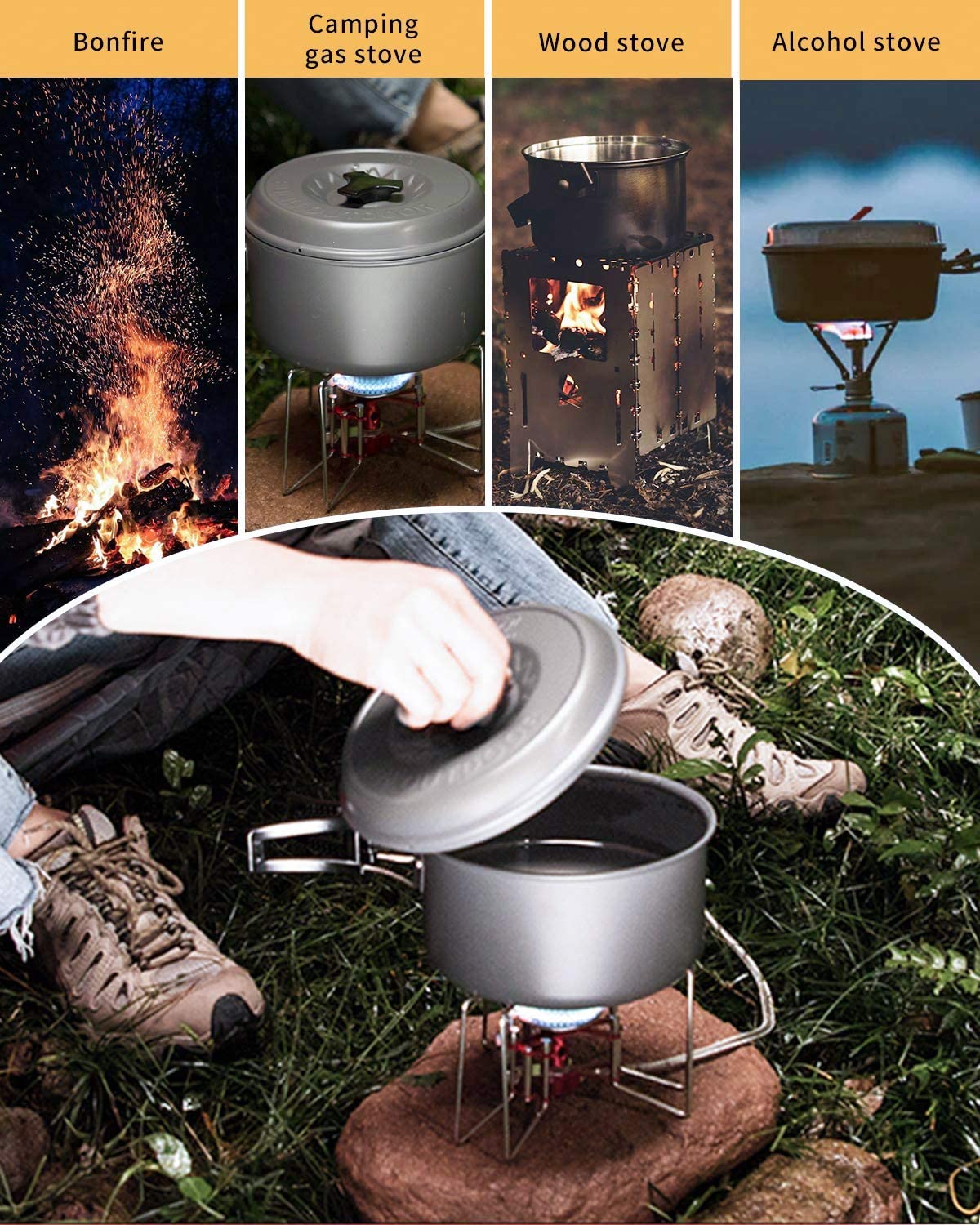 4-teiliges Kochgeschirr-Set für Camping und Picknick im Freien – 2 Töpfe, 1 Bratpfanne, 1 Kessel