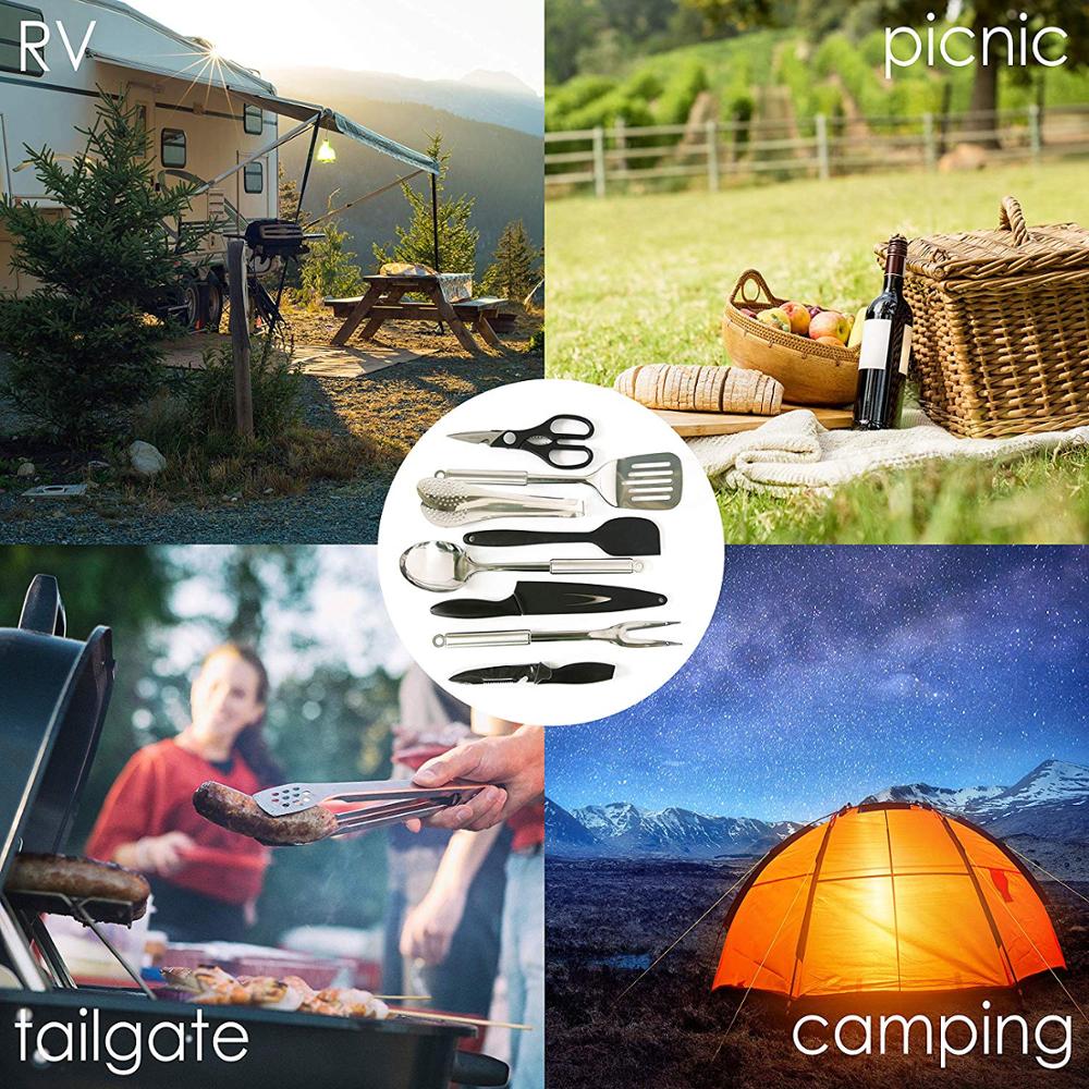 9-teiliges Camping-Küchenutensilien-Organizer-Set | Kochgeschirr aus Edelstahl