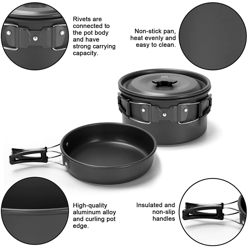Schwarzes, antihaftbeschichtetes Aluminium-Camping-Kochtopf-Pfannen-Wasserkocher-Set