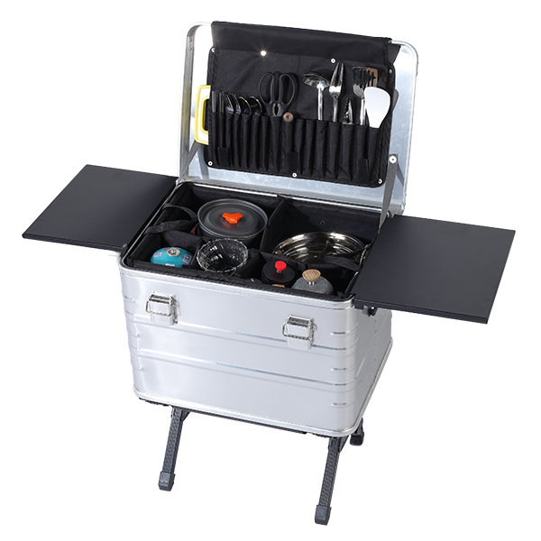 Tragbare Aluminium-Camp-Küchenboxen mit Seitenbrett, Trennwand und Palette zum Organisieren