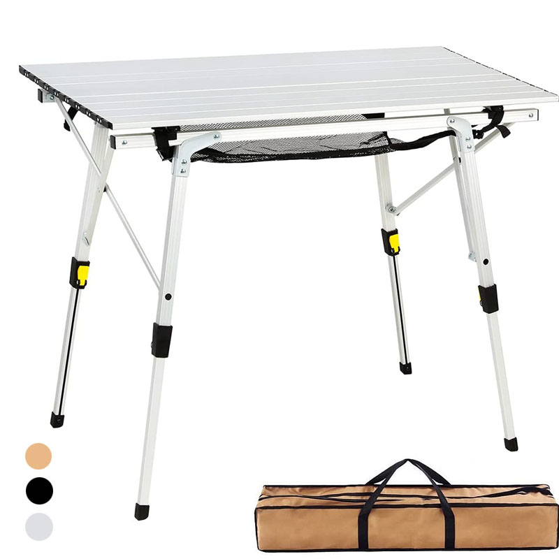 Camping-Picknicktisch aus Aluminium, zusammenklappbar, mit verstellbaren Beinen und Holz-Metallfarbe