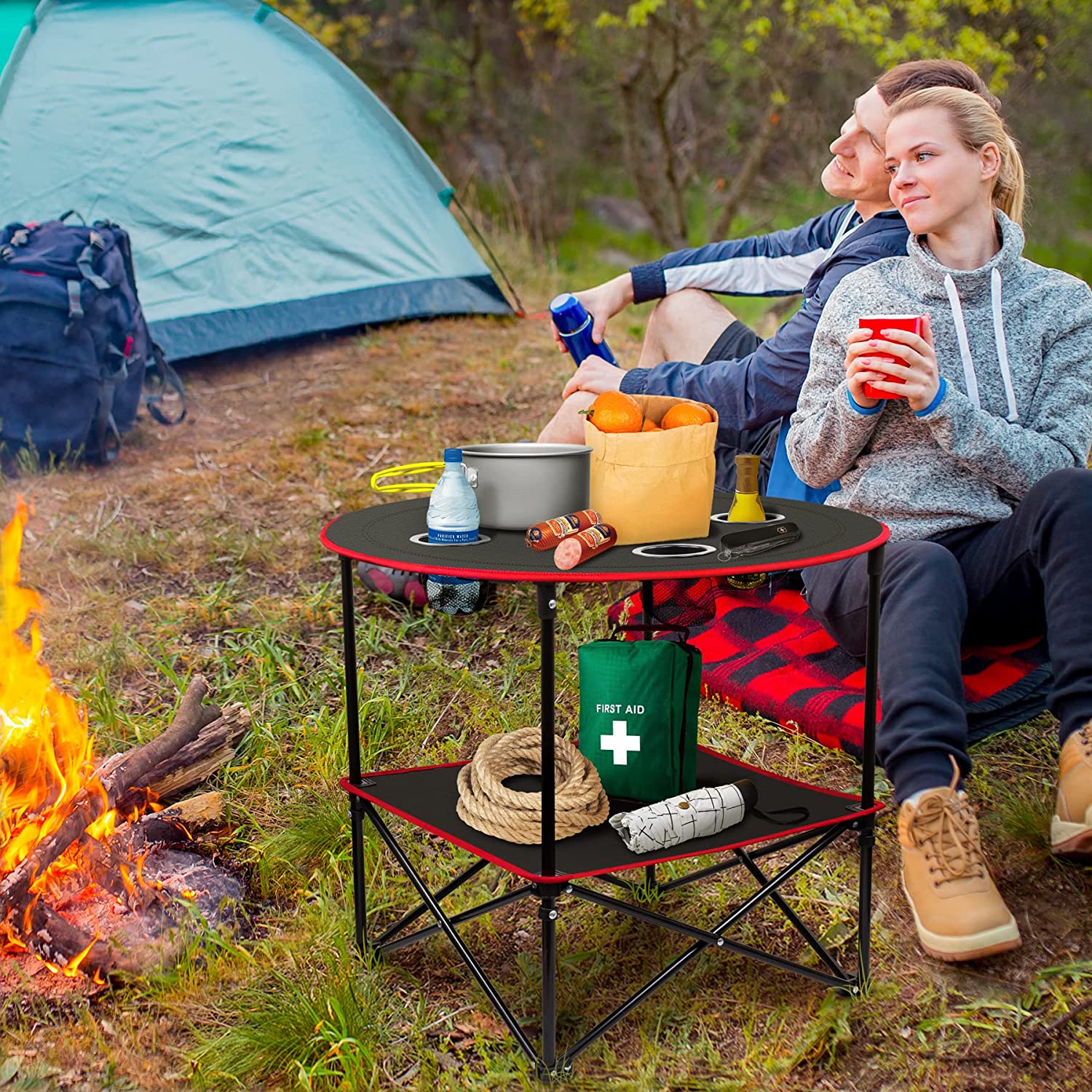 Tragbarer, klappbarer Camping-Beistelltisch aus Segeltuch mit 4 Getränkehaltern und Aluminiumrahmen