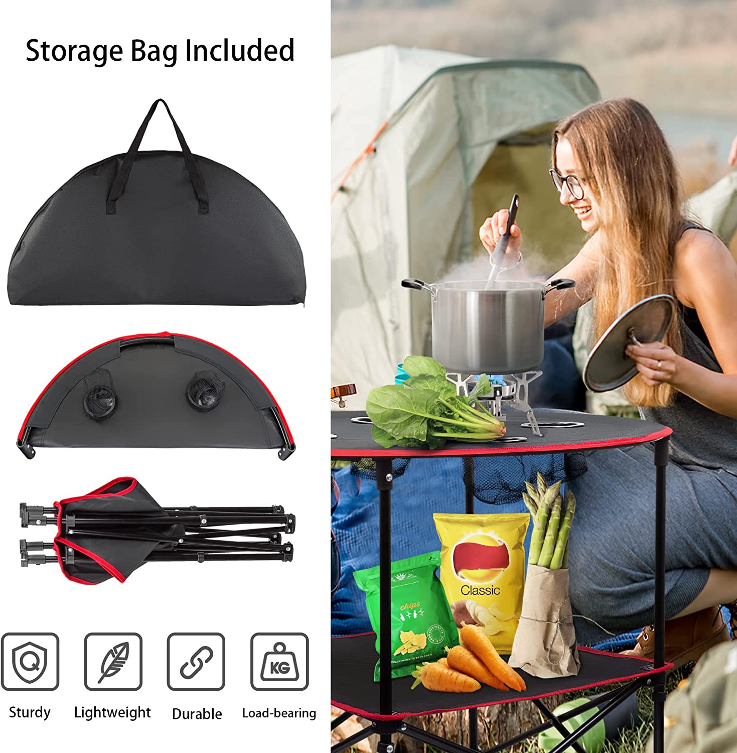 Tragbarer, klappbarer Camping-Beistelltisch aus Segeltuch mit 4 Getränkehaltern und Aluminiumrahmen