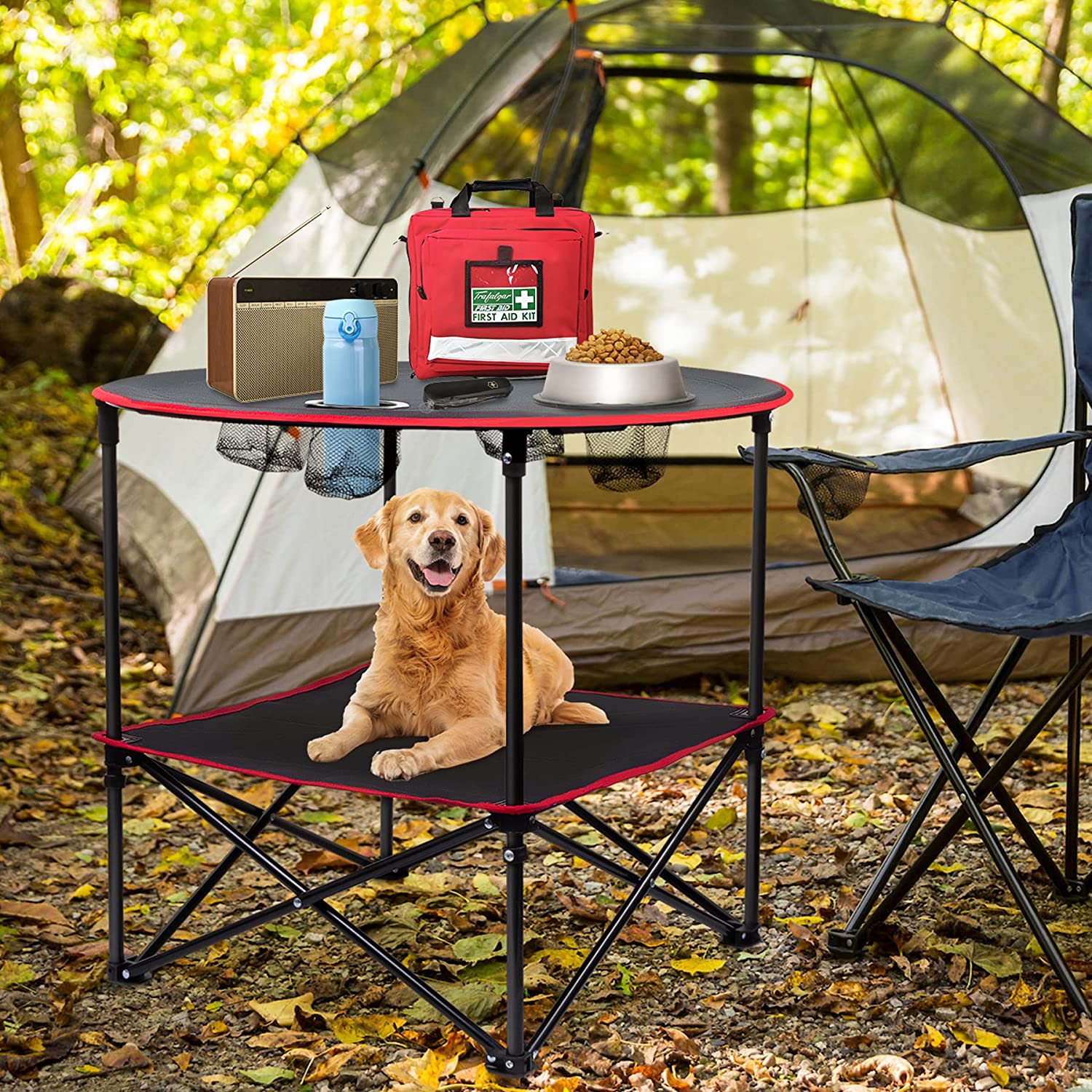 Tragbarer, klappbarer Camping-Beistelltisch aus Segeltuch mit 4 Getränkehaltern und Aluminiumrahmen