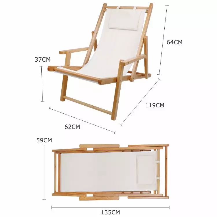 3-Gang verstellbarer Freizeit-Liegestuhl aus Holz für Strand, Camping und Garten