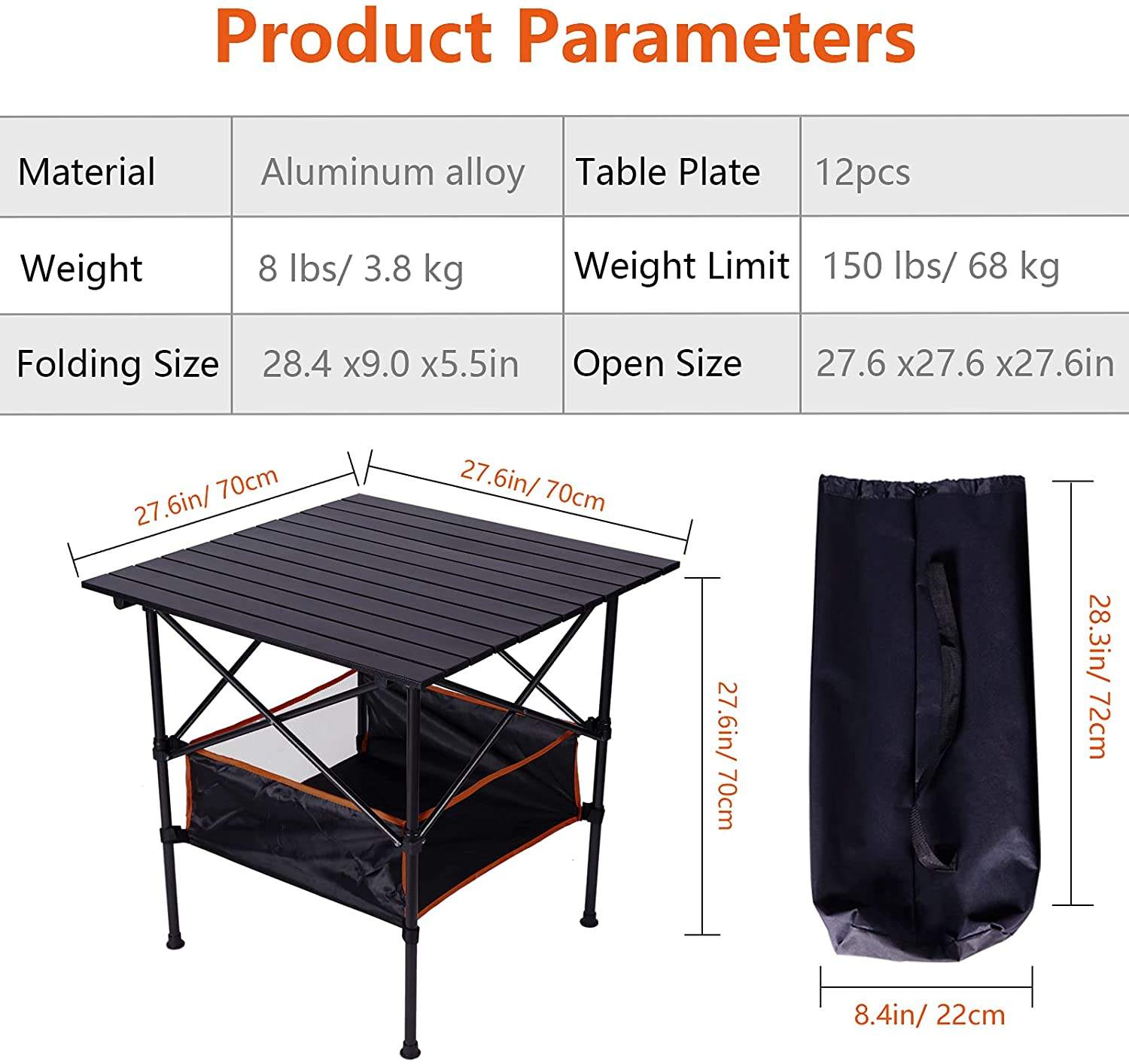 Tragbarer, faltbarer Campingtisch aus Aluminium mit Netztasche