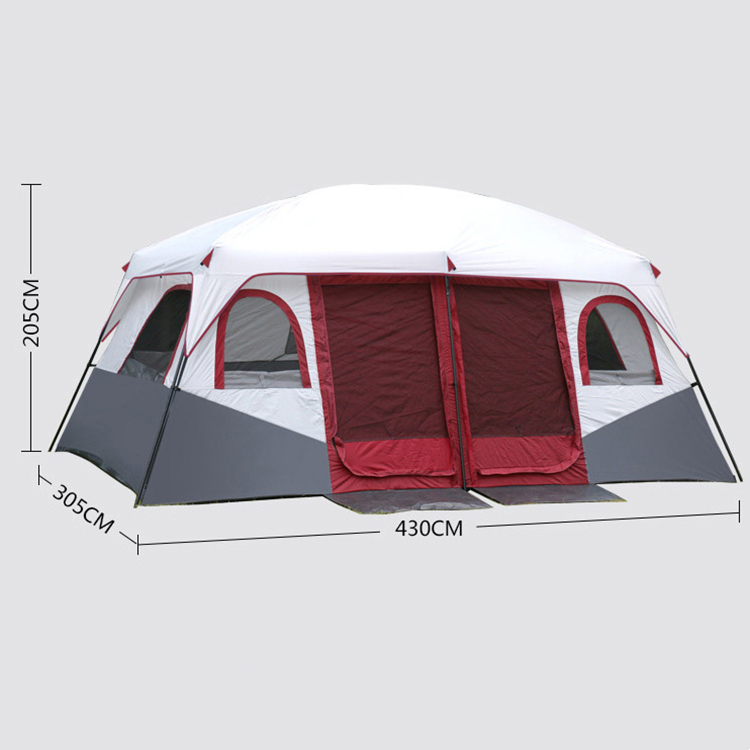 Doppellagiges Campingzelt für 6–12 Personen mit zwei Schlafzimmern und einem Wohnzimmer