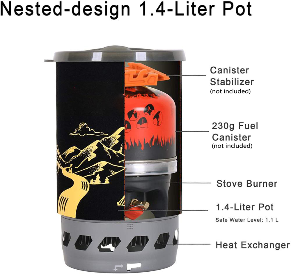 Einteiliger integrierter Camping-Gaskocher mit 1.4 Liter Topf