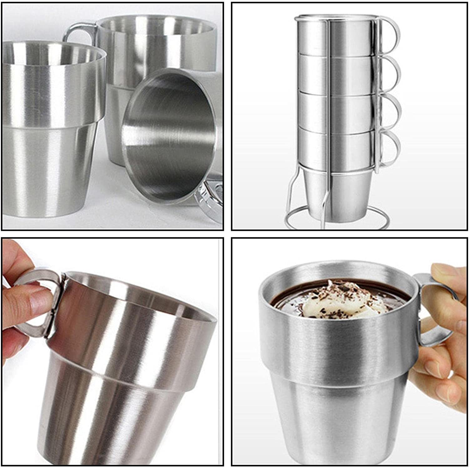 6 Stück 10oz Kaffeebecher aus Edelstahl, doppelt isolierte Vakuum-Trinkbecher mit Griff