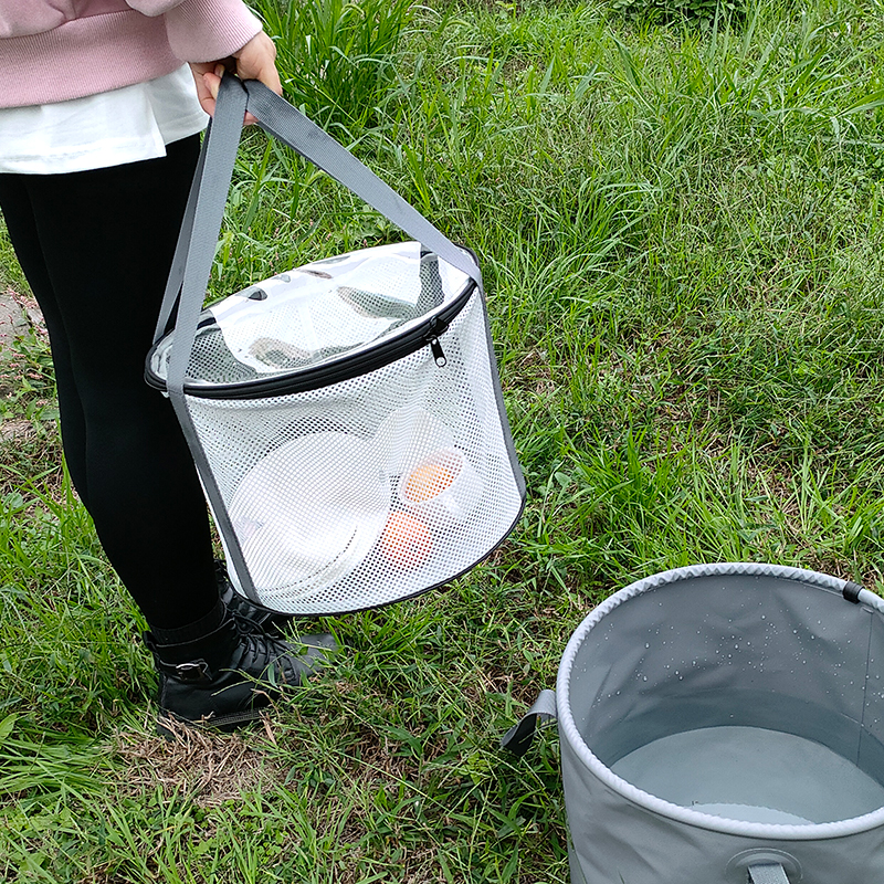 Faltbarer, zusammenklappbarer Wasch- und Angelwassereimer aus PVC für den Außenbereich mit Einkaufsnetz zum Waschen beim Camping