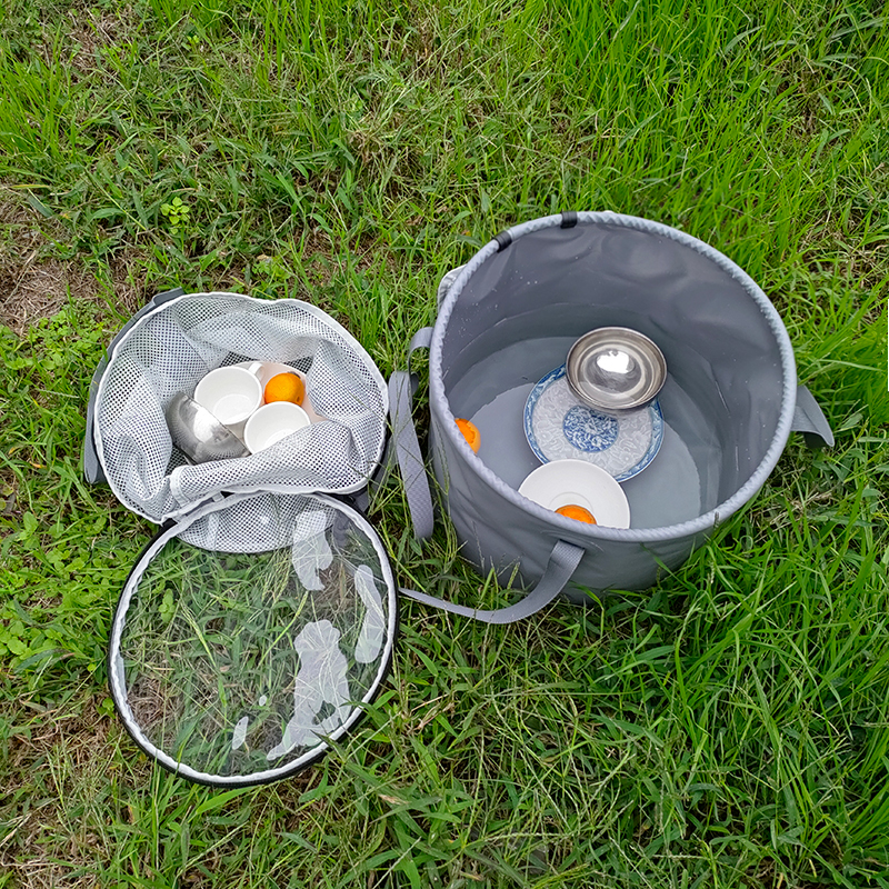 Faltbarer, zusammenklappbarer Wasch- und Angelwassereimer aus PVC für den Außenbereich mit Einkaufsnetz zum Waschen beim Camping