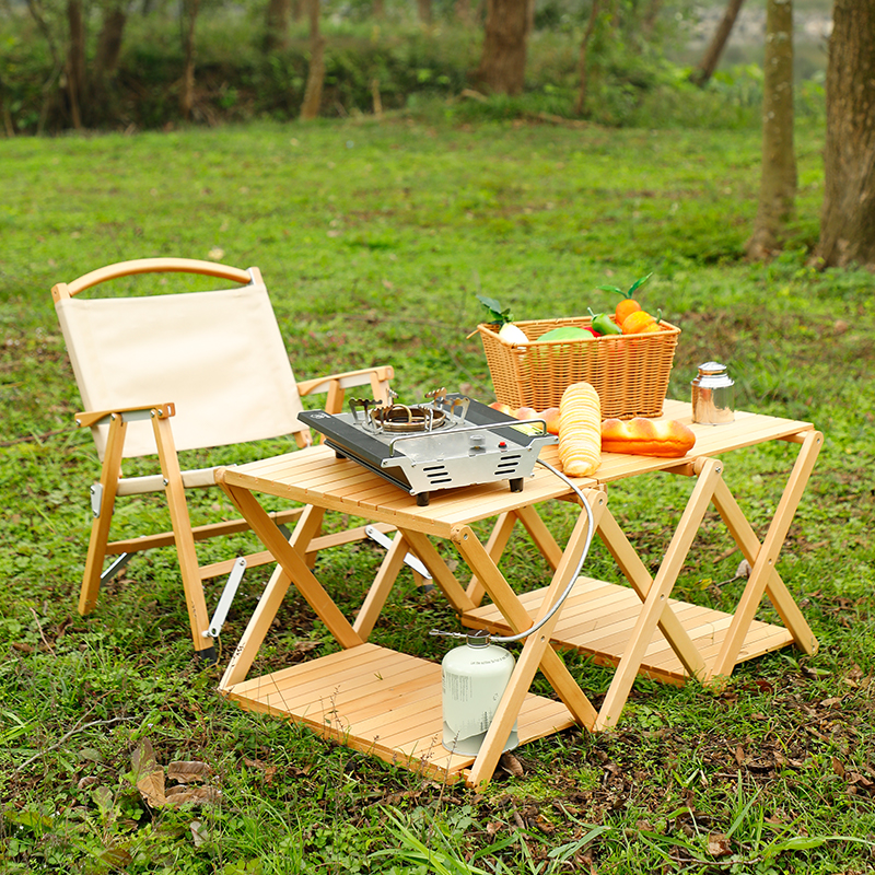 Klappbares Campingregal und Tisch aus Holz mit 4 Ebenen für Outdoor, Grillen, Picknick, Gartenparty