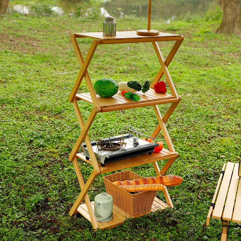 Klappbares Campingregal und Tisch aus Holz mit 4 Ebenen für Outdoor, Grillen, Picknick, Gartenparty