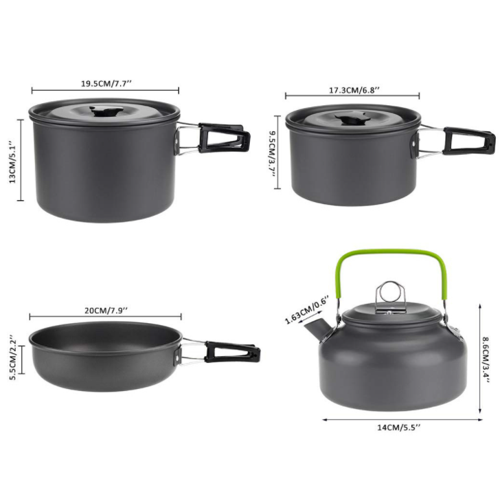 Schwarzes, antihaftbeschichtetes Aluminium-Camping-Kochtopf-Pfannen-Wasserkocher-Set