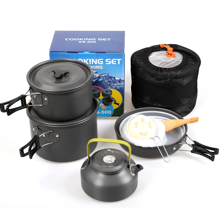Schwarzes, antihaftbeschichtetes Aluminium-Camping-Kochtopf-Pfannen-Wasserkocher-Set