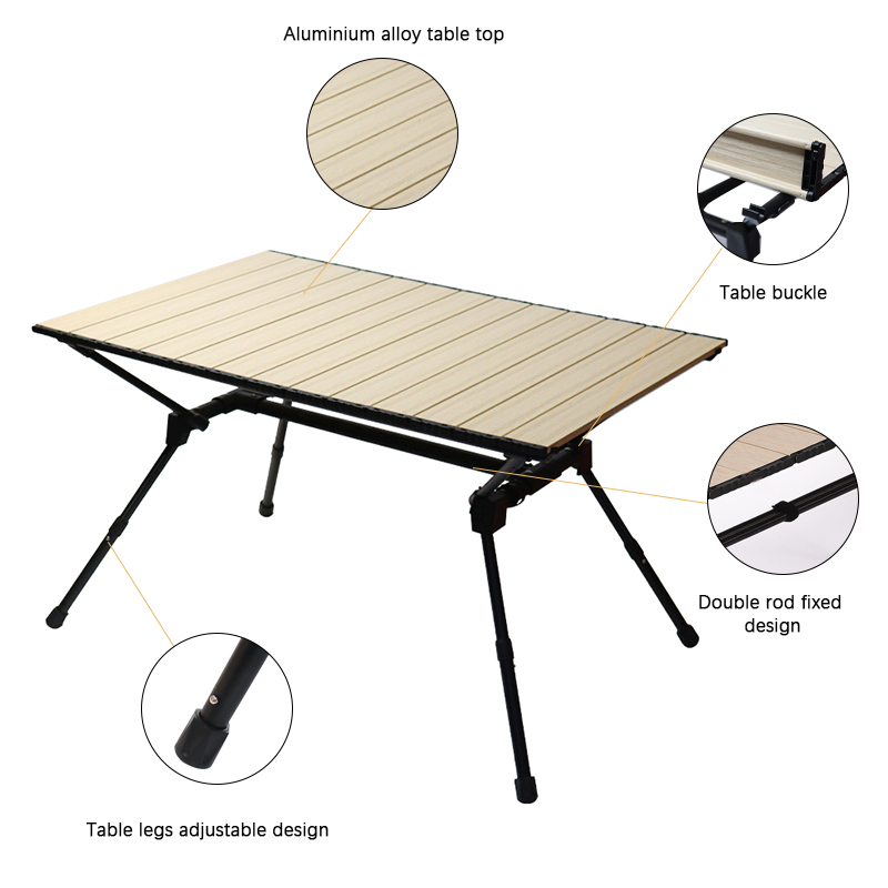 Ultraleichter tragbarer Camping-Klapptisch aus Aluminium – höhenverstellbar, aufrollbare Tischplatte