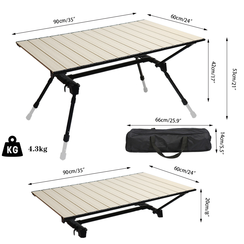 Ultraleichter tragbarer Camping-Klapptisch aus Aluminium – höhenverstellbar, aufrollbare Tischplatte