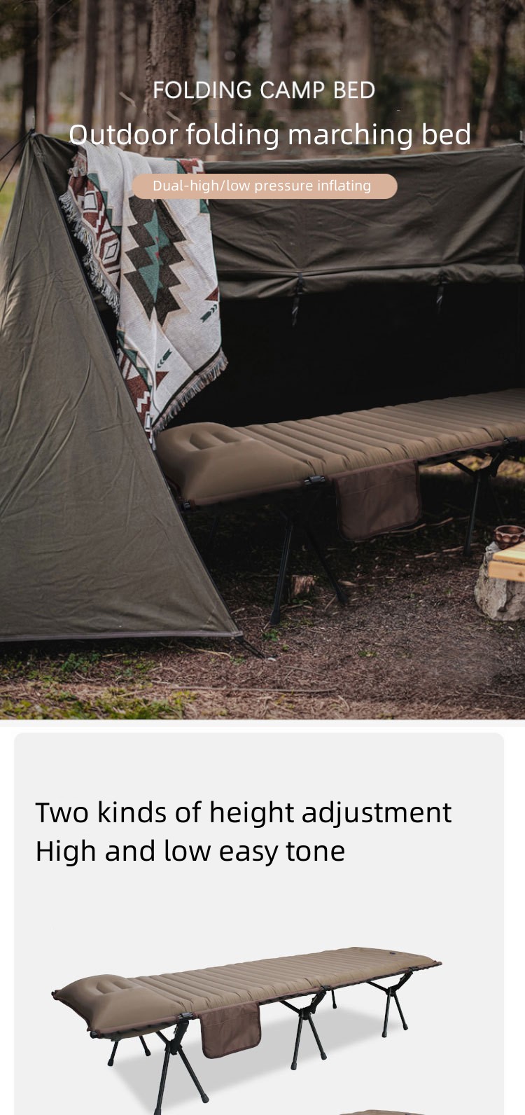 Faltbares Camping-Marschbett aus Aluminium mit aufblasbarer Matratzenauflage