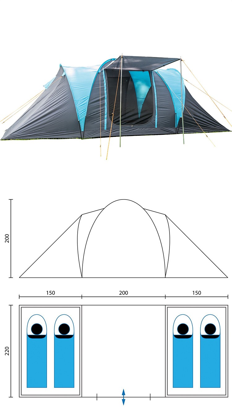 5-8 Personen 2 Kabinen Doppelschicht Camping Tunnelzelt