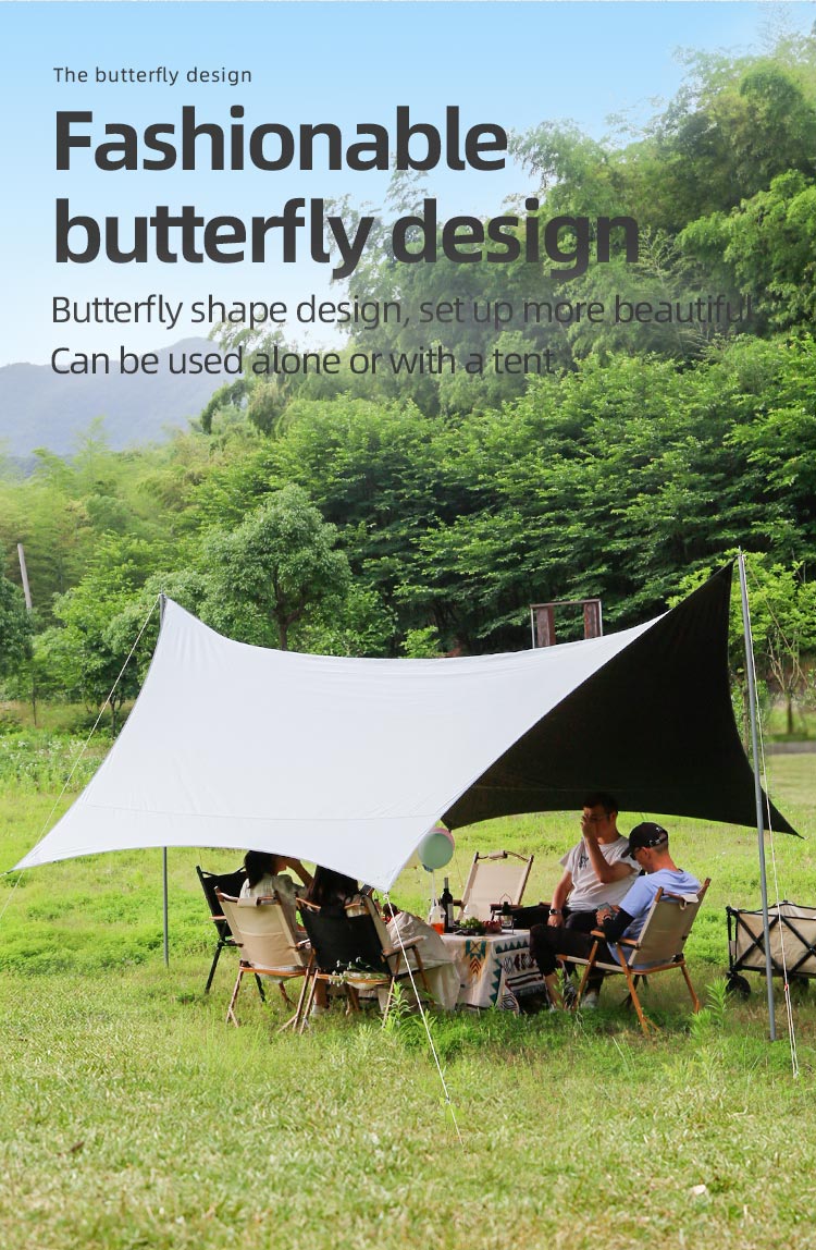 Butteryfly-förmige Vinyl-Camping-Markise – wasserdichter Zeltunterstand mit LSF 50