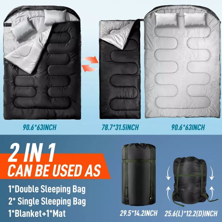 Wasserdichter Campingschlafsack für 2 Personen mit 2 Kissen