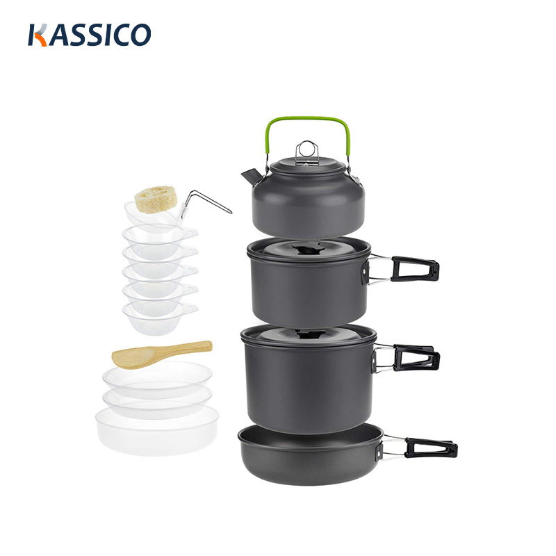 Schwarzes, antihaftbeschichtetes Aluminium-Camping-Kochtopf-Pfannen-Wasserkocher-Set