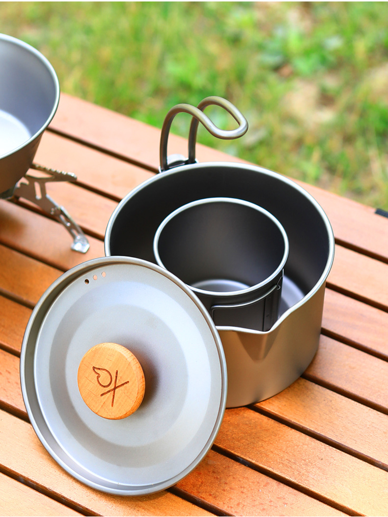 Tragbares Campingkochgeschirr aus reinem Titan für den Außenbereich mit abnehmbarem Griff