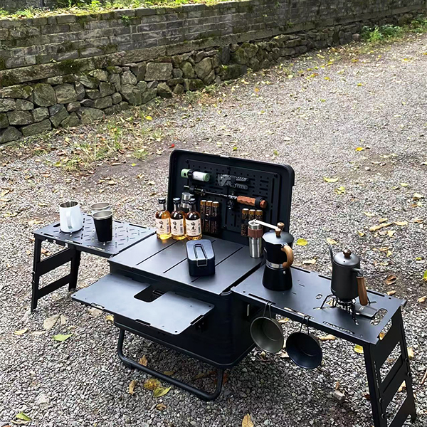 50L Camping-Küchenbox aus Aluminium mit Klapptisch und Seitenwand